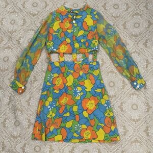 VTG 60s MOD Go Go Groovy Cut Out Floral Dress Poet Sleeves S Hand Made *Flaws*